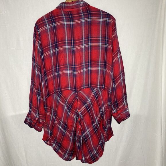 KEREN HART Blouse Plaid Long Sleeve Button Down Tulip Split Back Womens XL Red - Picture 2 of 11